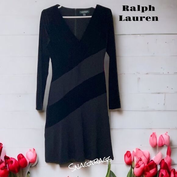 RALPH LAUREN NWT VELVET V NECK LONG SLEEVE A LINE DRESS BLACK SIZE 2 - Picture 1 of 13
